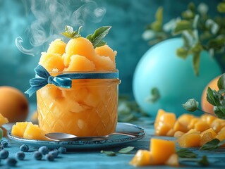 Homemade mango sorbet jar with blue ribbon, ice cubes and fresh fruits on teal background, rising vapor creating summer freshness, ideal for artisanal packaging, dessert tutorials