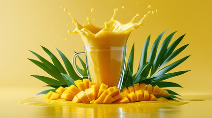 glass of orange juice with a flower  and mango