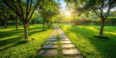 Fototapeta premium Serene Pathway Through a Sunlit Garden with Lush Greenery and Stone Walkway