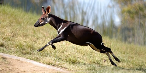 okapi outdoors frolicking in its natural habitat