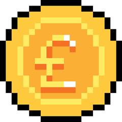 Pixel art coin with British Pound symbol £ – 8-bit golden coin for retro games and finance icons
