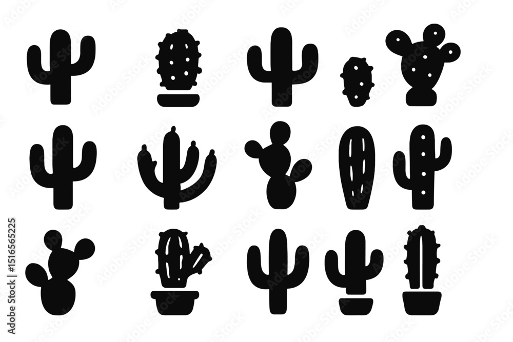 Poster various black silhouettes of cacti arranged in a grid pattern on a white background showcasing diffe