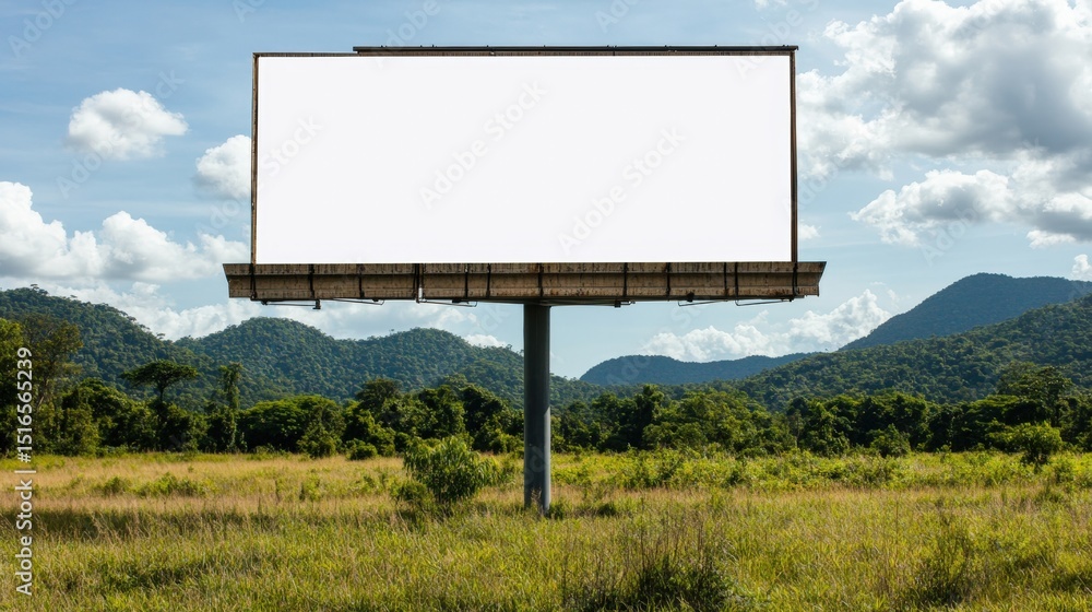 Poster large empty billboard sign standing in open grassy field with mountain landscape and cloudy sky back