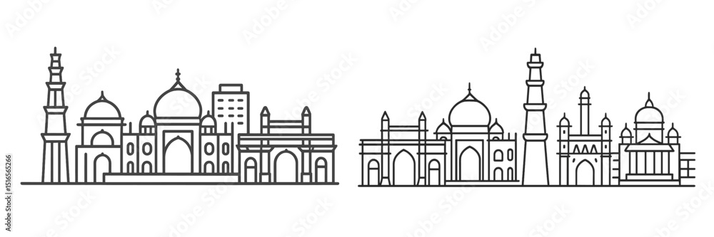 Poster skyline showcasing cultural architecture with domes and towers in a minimalist line art style repres
