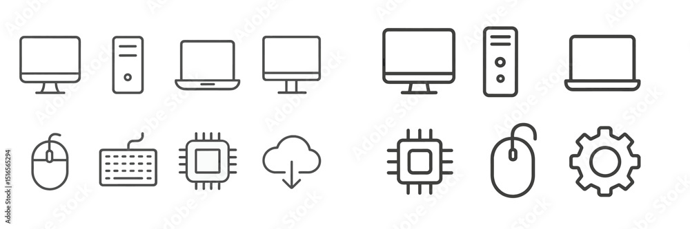 Poster collection of simple line icons representing various computer hardware and peripherals in a modern d