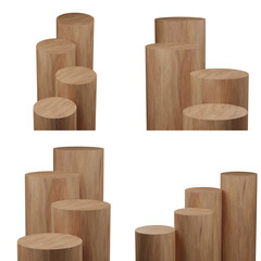 3d Render Set of 4 cylinder podiums in wood color. transparent background.