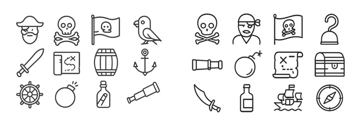 Pirate themed icons featuring skulls, maps, and treasure elements for adventurous designs