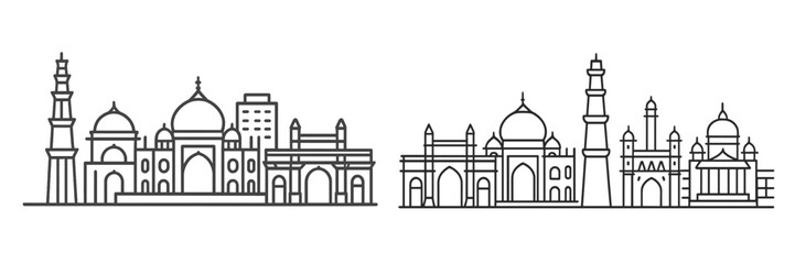 Skyline showcasing cultural architecture with domes and towers in a minimalist line art style representing historical landmarks