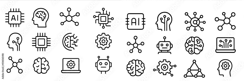 Poster illustrations of artificial intelligence concepts and elements in a minimalist line art style