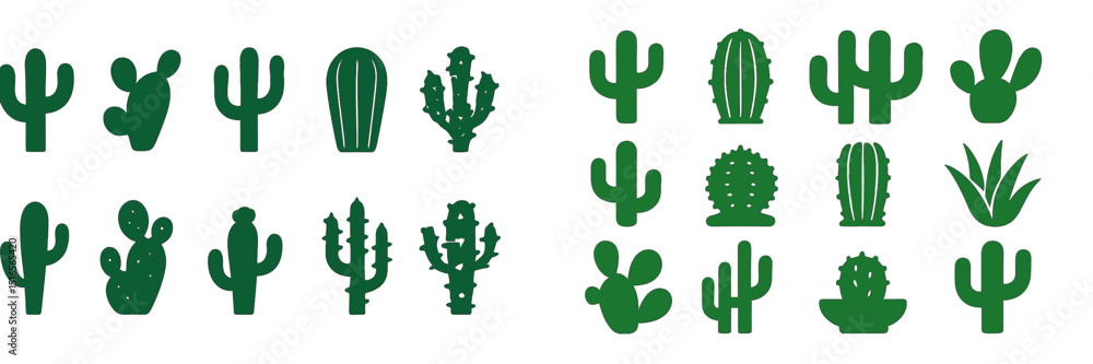 Poster various types of green cacti displayed in a simple graphic design pattern for decoration purposes