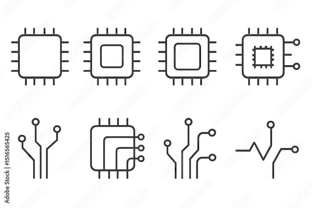 Poster circuit designs showcasing various microchip and electronic component illustrations in minimalistic 
