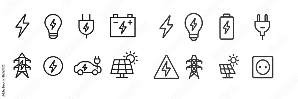 Poster essential icons representing electricity and renewable energy sources for informative design project
