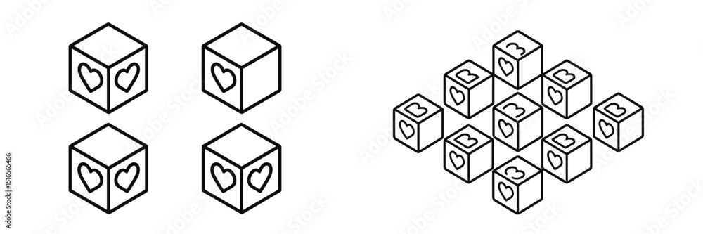 Poster creative design of heart-shaped cubes arranged in different patterns suitable for various artistic p