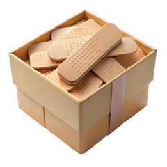 A neatly arranged box filled with various beige adhesive bandages, showcasing their textured surfaces and varied sizes, ideal for first aid needs.