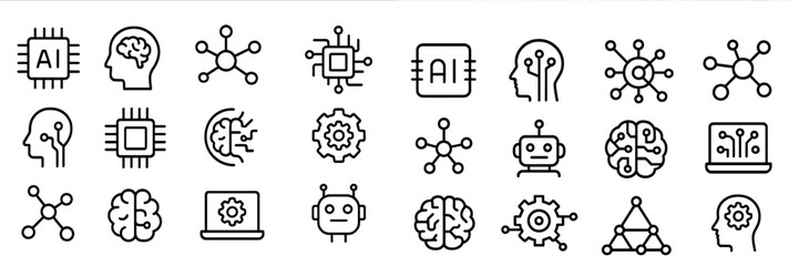 Illustrations of artificial intelligence concepts and elements in a minimalist line art style