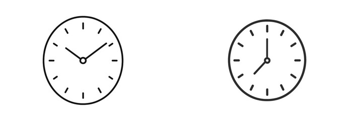 Two simple clock designs showcasing different times and styles, ideal for minimalistic decoration and timekeeping
