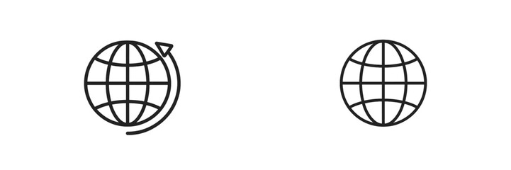 Simple line art of globes showing rotation and stationary position representing global travel and exploration