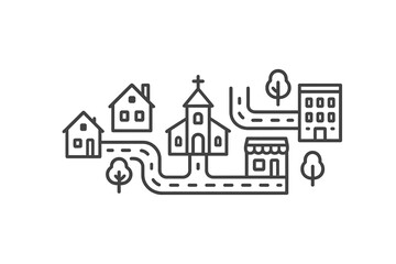 Community layout showcasing residential houses, a church, and a commercial building interconnected by winding roads