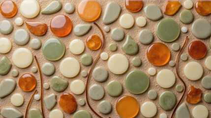 Colorful decorative stones and glass pieces arranged in unique pattern, showcasing various shapes and textures that create vibrant visual appeal