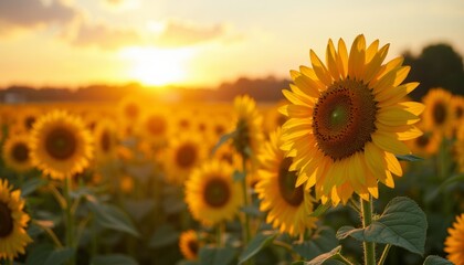 Fototapeta premium Radiant field of sunflowers basking in golden sunset light. Summer landscape, nature, agriculture, and seasonal projects.
