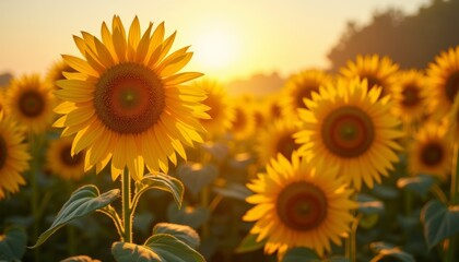 Obraz premium Radiant field of sunflowers basking in golden sunset light. Summer landscape, nature, agriculture, and seasonal projects.