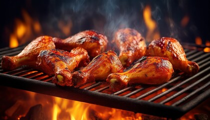 juicy and flavorful chicken drumsticks on the bbq grill with smoky fire generative ai