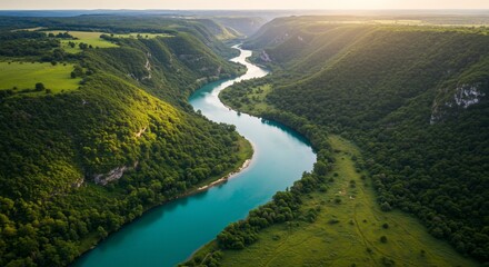 Obraz premium Aerial View of Winding River Through Lush Green Canyon Landscape