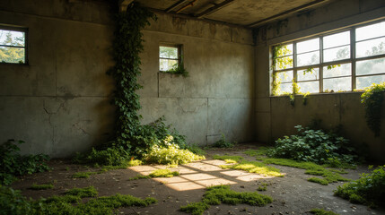 Obraz premium Abandoned room with overgrown plants, sunlight streaming through windows, and cracked walls creates serene, natural atmosphere