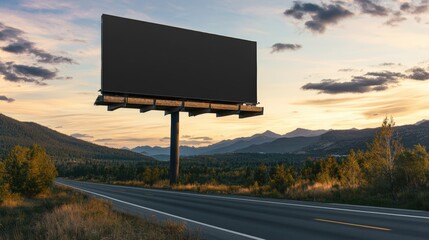 Obraz premium Large blank billboard sign on roadside in scenic mountain landscape du sunset with cloudy sky and natural greenery