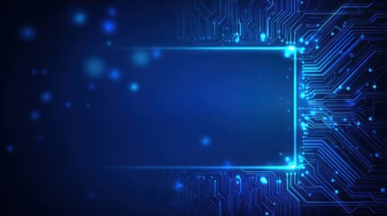 Obraz premium Abstract technology frame made of circuit board wires and glowing microchip elements, deep blue background with digital pulses 