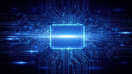 Obraz premium Abstract technology frame made of circuit board wires and glowing microchip elements, deep blue background with digital pulses and grid lines