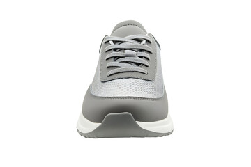 Front view of a modern grey and white sneaker with laces, sporty casual footwear, isolated on transparent background