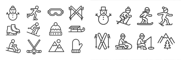 Winter sports and activities icons collection featuring skiing, skating, snowmen, and mountain adventures in a festive style