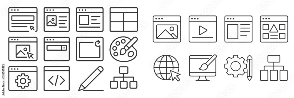 Poster varied icons representing web design and development activities, depicting different interface eleme