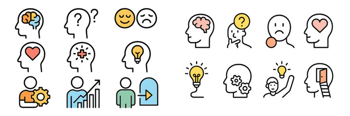 Icons depicting various emotions, thoughts, and human activities representing mental processes and personal development