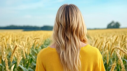 Woman with long blonde hair standing in a wheat field under a blue sky