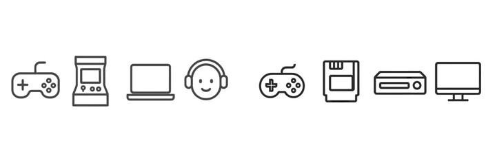 Gaming icons representing different platforms and accessories showcasing the evolution of video games and gamer culture in a minimalist style