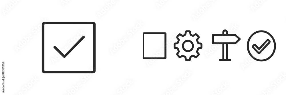 Poster collection of simple line icons representing selection, options, and confirmation symbols in a minim