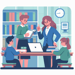 Flat vector design of teacher helping students in a library, clean and simple layout