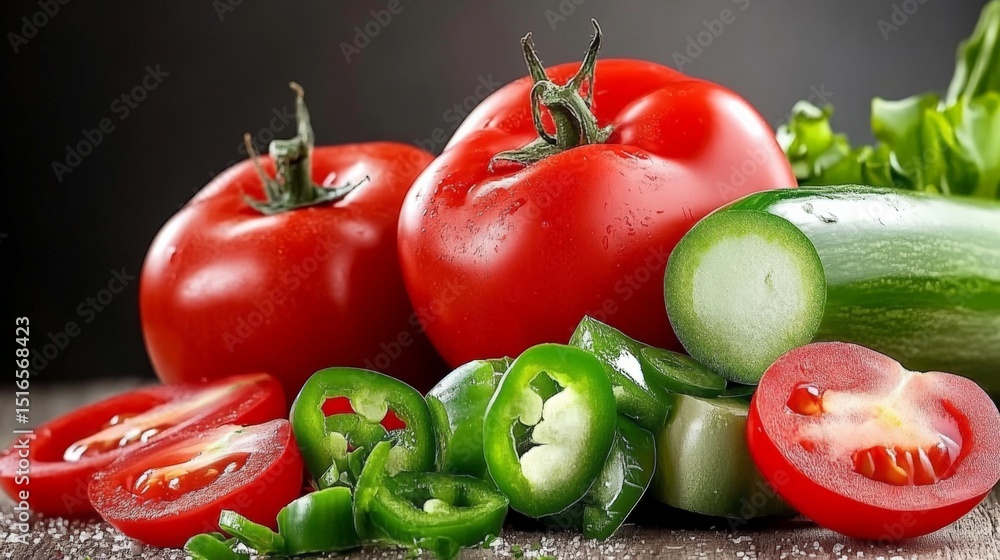 Poster fresh tomatoes and cucumbers with sliced pieces on a dark background