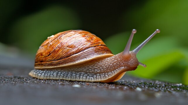 Close-up of a brown snail crawling on a surface with green blurred background - Powered by Adobe