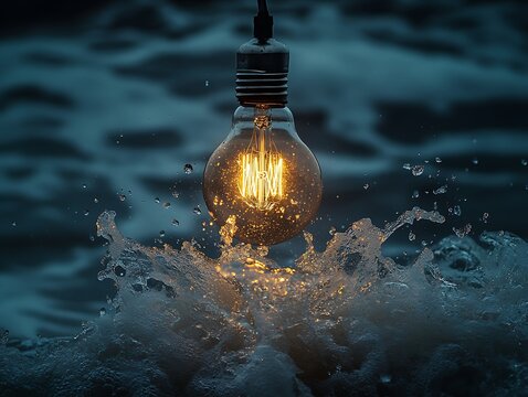 Illuminated filament bulb amidst splashing water, symbolizing innovative solutions