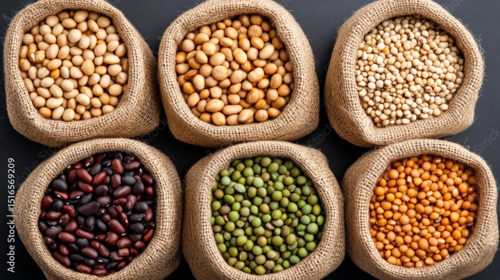 Poster assorted beans in burlap sacks arranged in a grid for culinary or market display