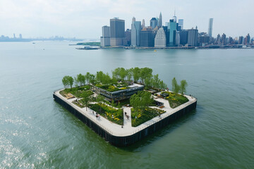 Naklejka premium Aerial View of Urban Park on Floating Island Surrounded by Water