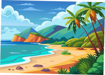 Tropical Beach Vector Illustration with Sunny Seashore