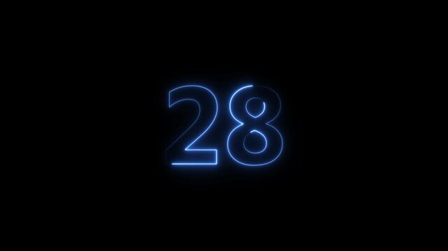 Number 28 neon bright royal blue color animation 4k video.
