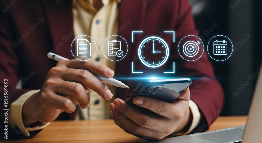 Aufkleber businessperson using smartphone app for time management planning goals and scheduling appointments e