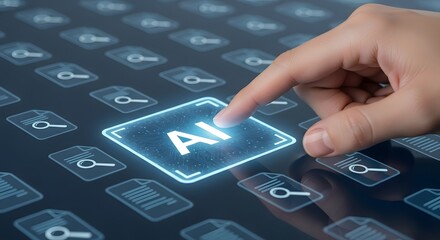 Artificial Intelligence Technology Innovation Futuristic Digital Interface Hand Touching AI Button Screen Data Analysis Search