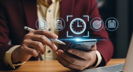 Businessperson using smartphone app for time management planning goals and scheduling appointments efficiently