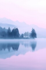 Fototapeta premium Foggy lake surrounded by trees and distant mountains in soft pastel tones during early morning
